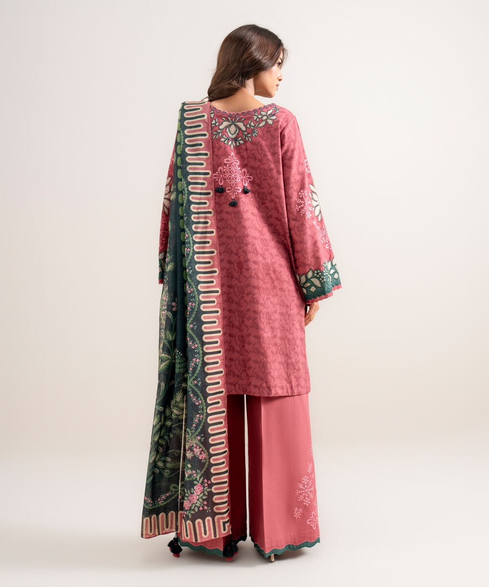 Women's Unstitched Embroidered Cotton Jacquard Tea Pink 3 Piece Suit