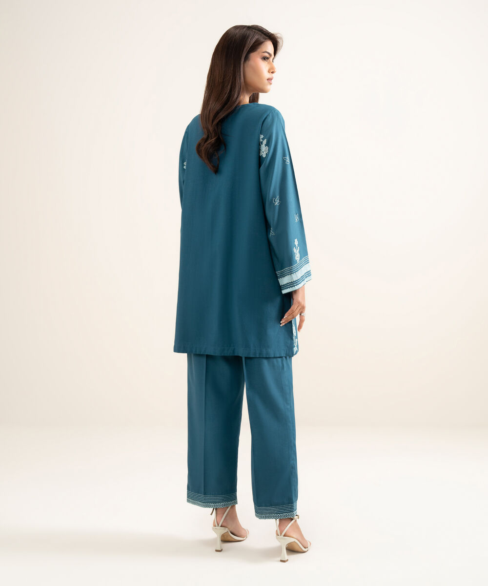 Women's RTW Cotton Viscose Embroidered Blue Straight Shirt