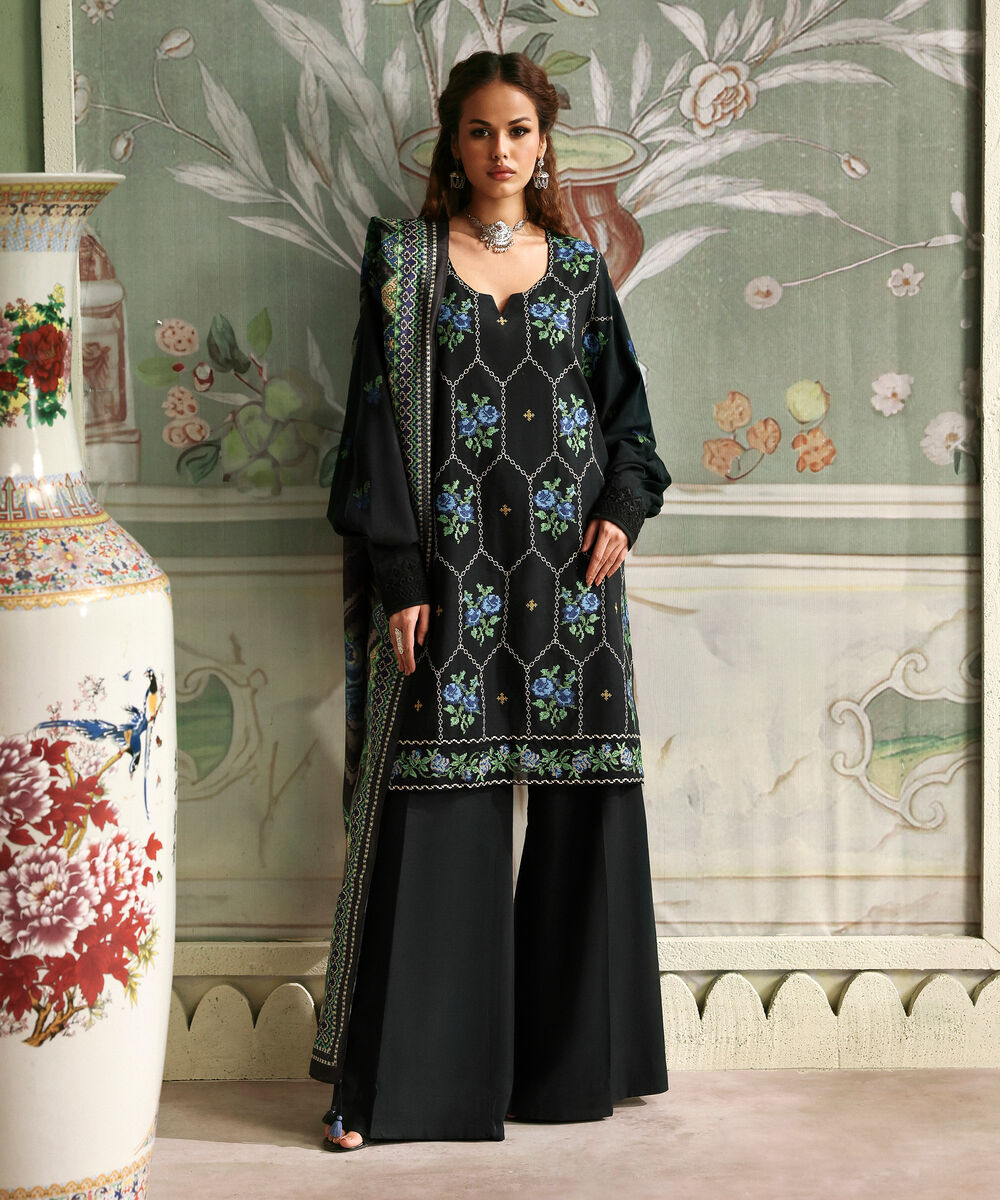 Women's Unstitched Viscose Raw Silk Embroidered Black 3 Piece Suit
