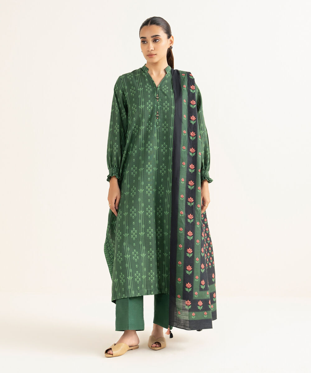 Women's Unstitched Lawn Printed Green 2 Piece Suit