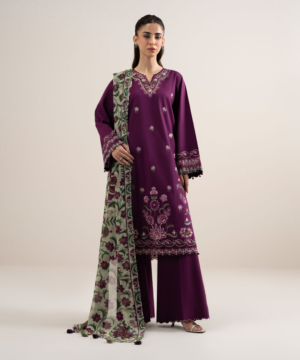 Women's Unstitched Dobby Embroidered Purple 3 Piece Suit