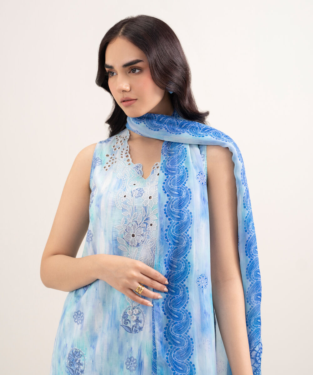 Women's Unstitched Lawn Embroidered Blue 3 Piece Suit