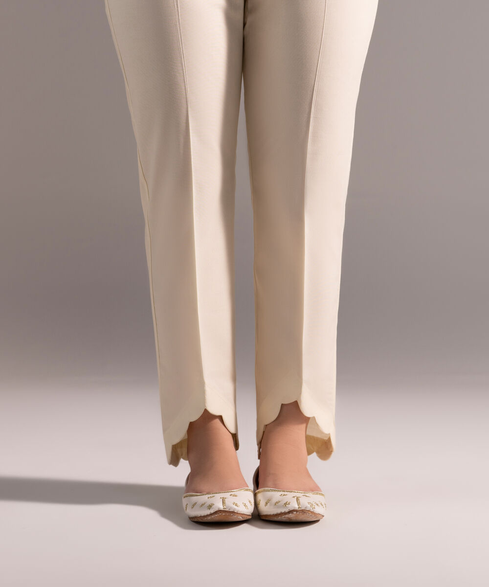Women's RTW Cotton Viscose Solid Off White Straight Pants