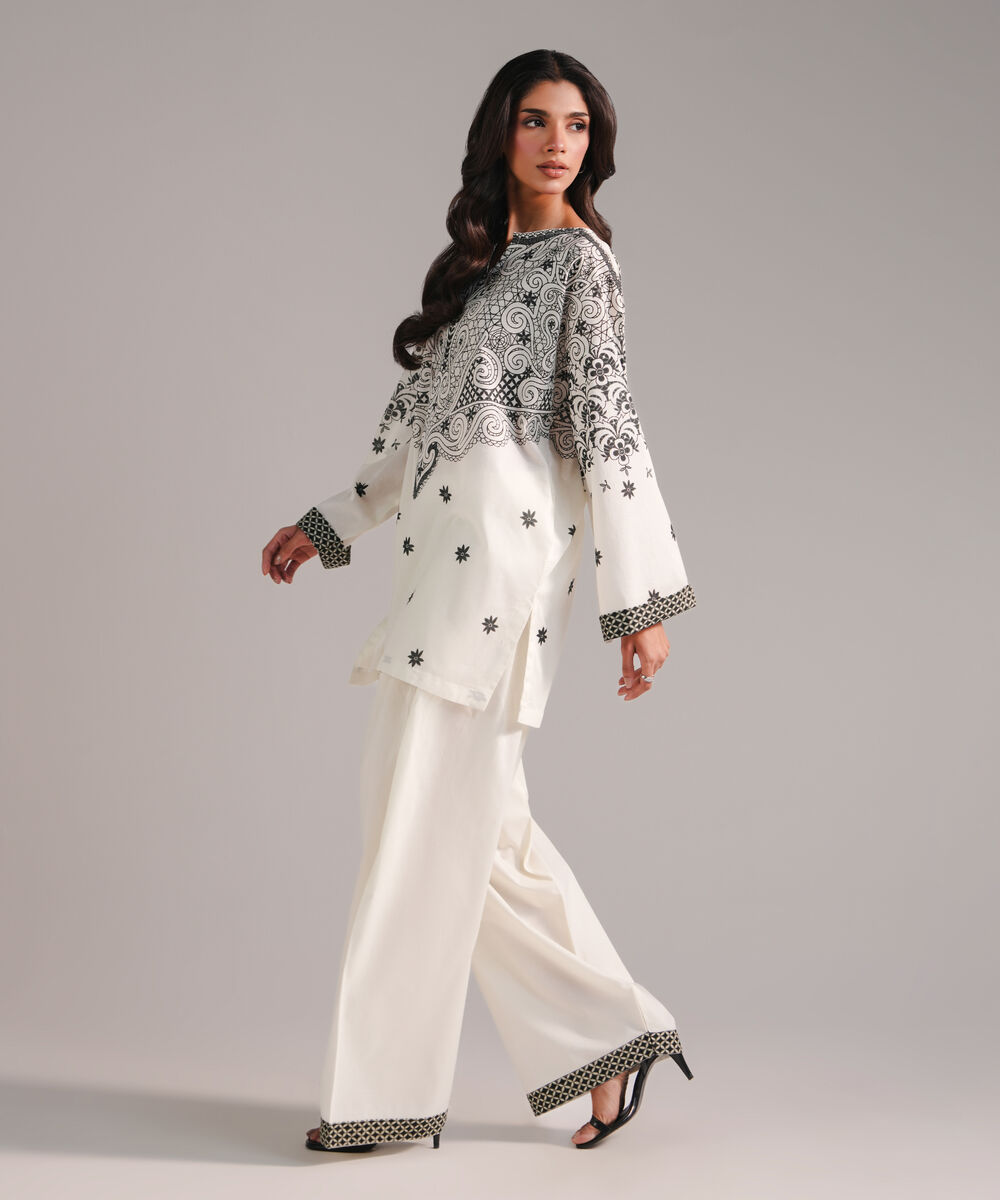 Women's RTW Lawn Printed Off White Drop Shoulder Shirt