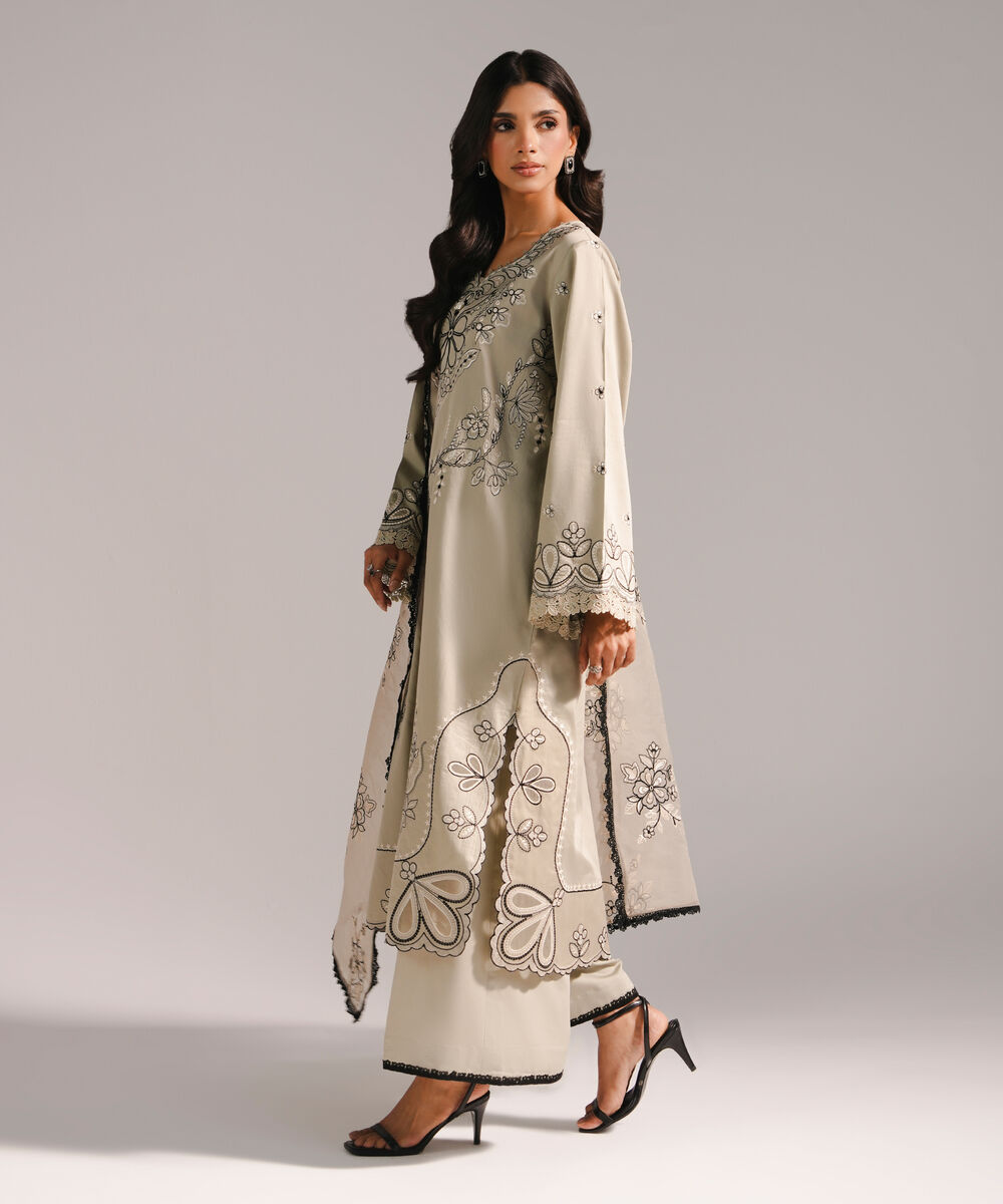 Women's RTW Cotton Satin Embroidered Grey 3 Piece Suit