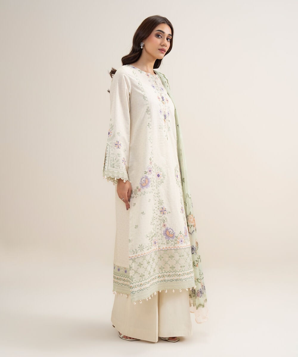 Women's Unstitched Lawn Embroidered Off White 3 Piece Suit