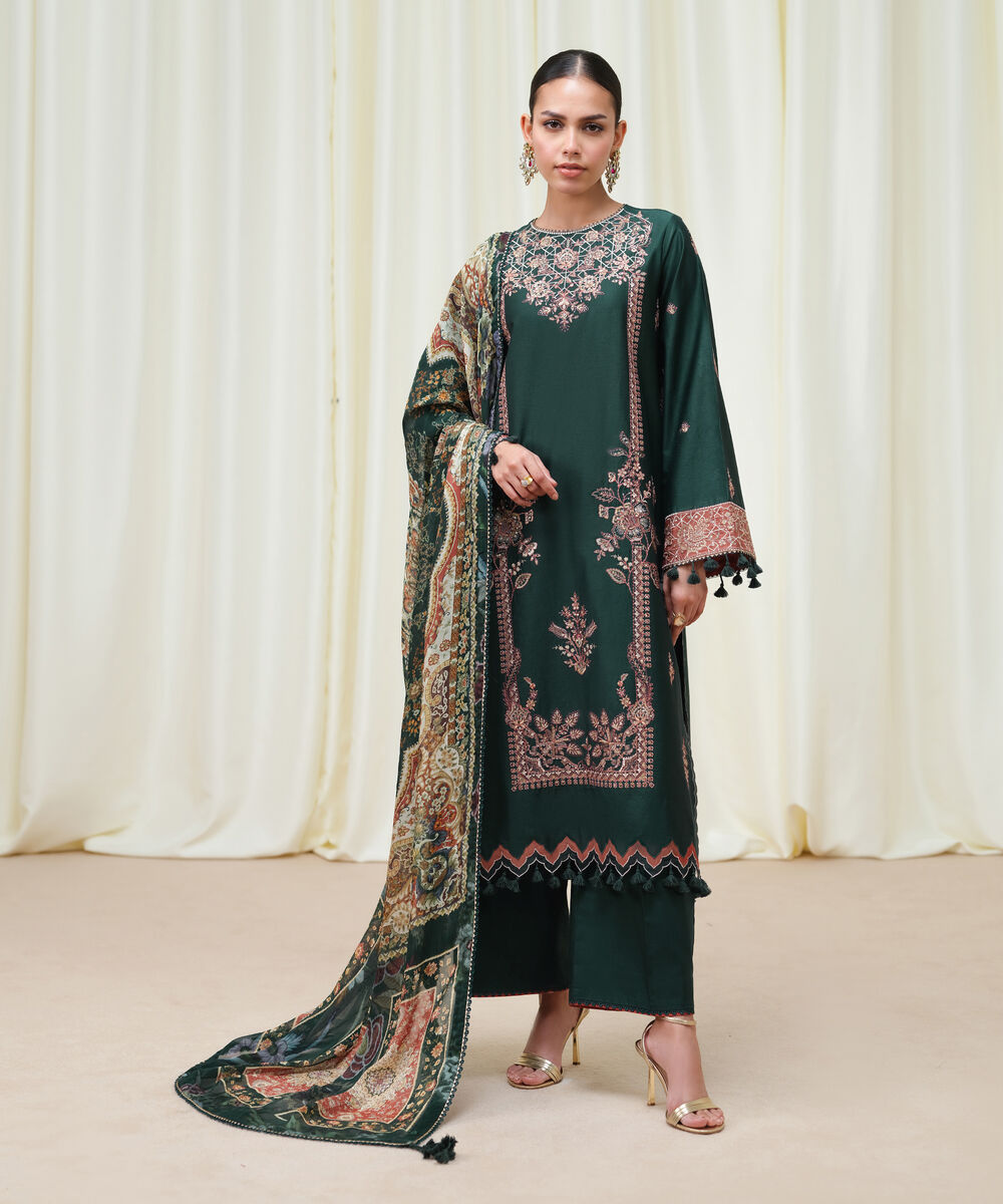 Women's Unstitched Fine Cotton Satin Embroidered Green 3 Piece Suit
