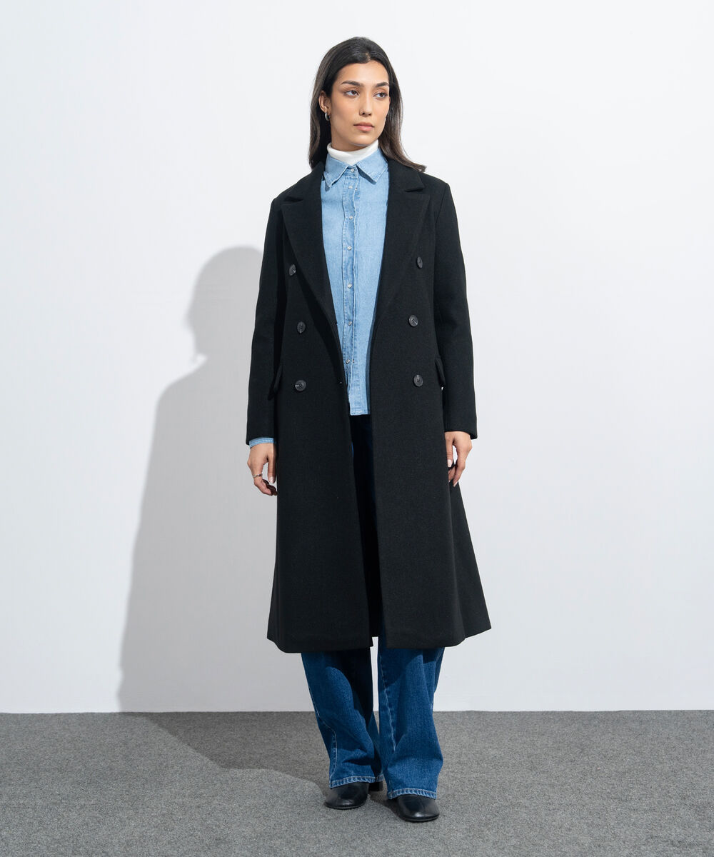 Women's Western Wear Black Double Breasted Long Coat