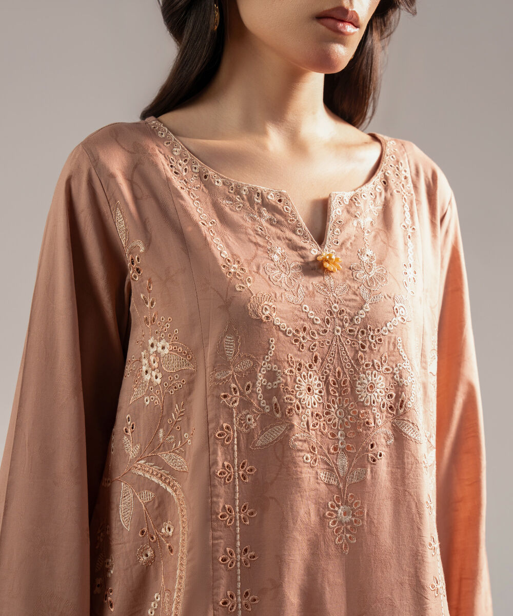 Women's RTW Self Jacquard Embroidered Straight Dark Beige Shirt