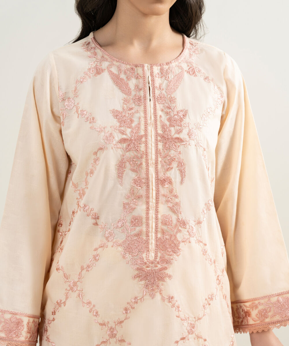 Women's RTW Self Jacquard Embroidered Peach A-Line Shirt