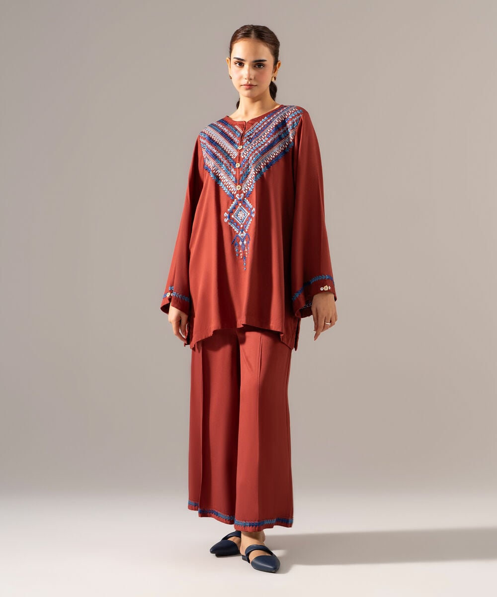 Women's RTW Bedford Solid Embroidered Brown Drop Shoulder Shirt