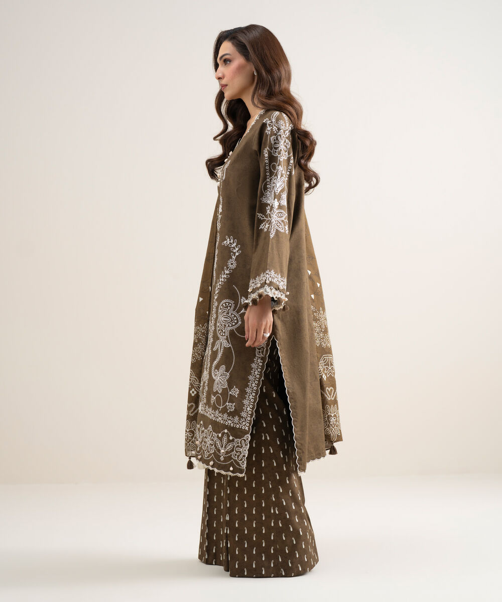 Women's Unstitched Lawn Embroidered Brown 3 Piece Suit
