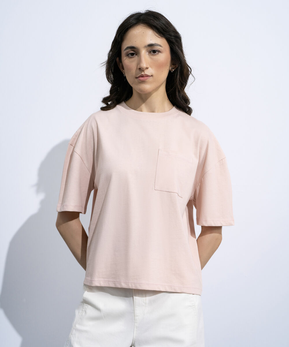 Women's Pink Loose-Fit Graphic T-Shirt With Pocket