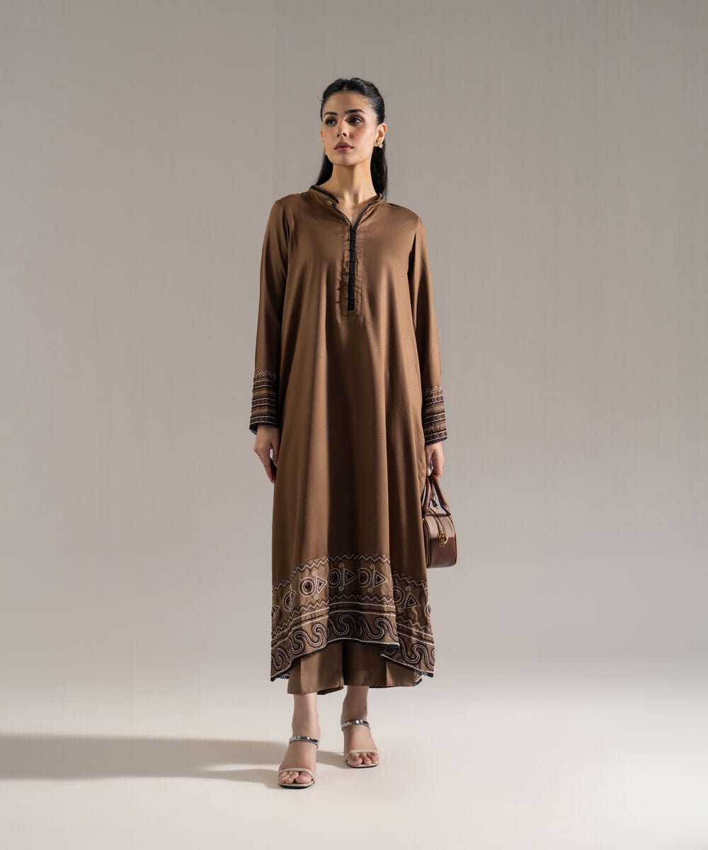 Women's RTW Bedford Solid Embroidered Brown Straight Shirt
