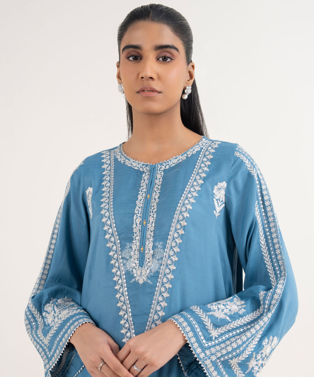 Women's RTW Viscose Raw Silk Embroidered A-Line Blue Shirt