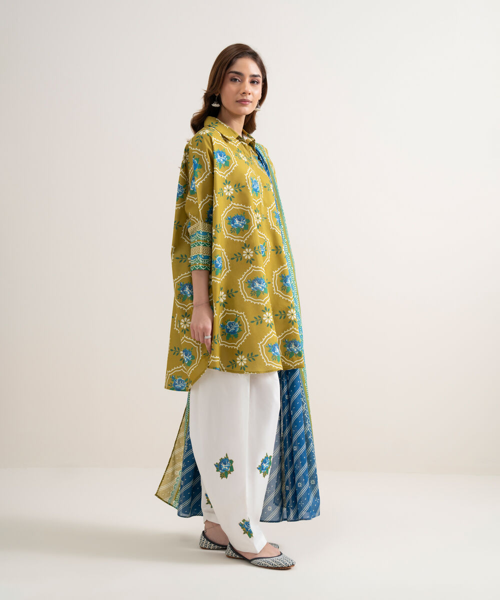 Women's Unstitched Lawn Printed Mustard and Blue 2 Piece Suit