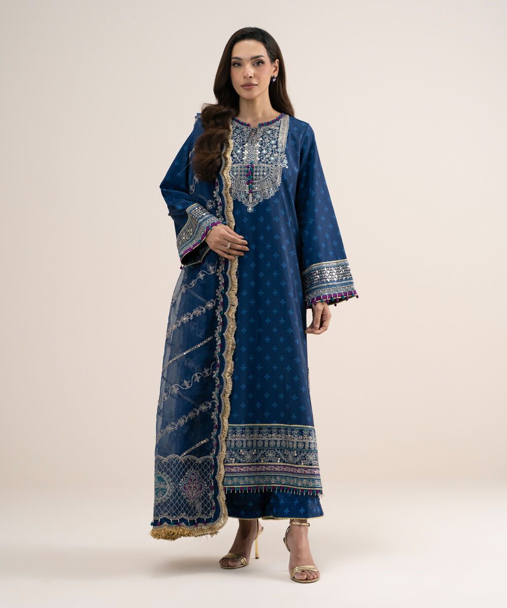 Women's Unstitched Printed Blended Grip Silk Blue 3 Piece Suit
