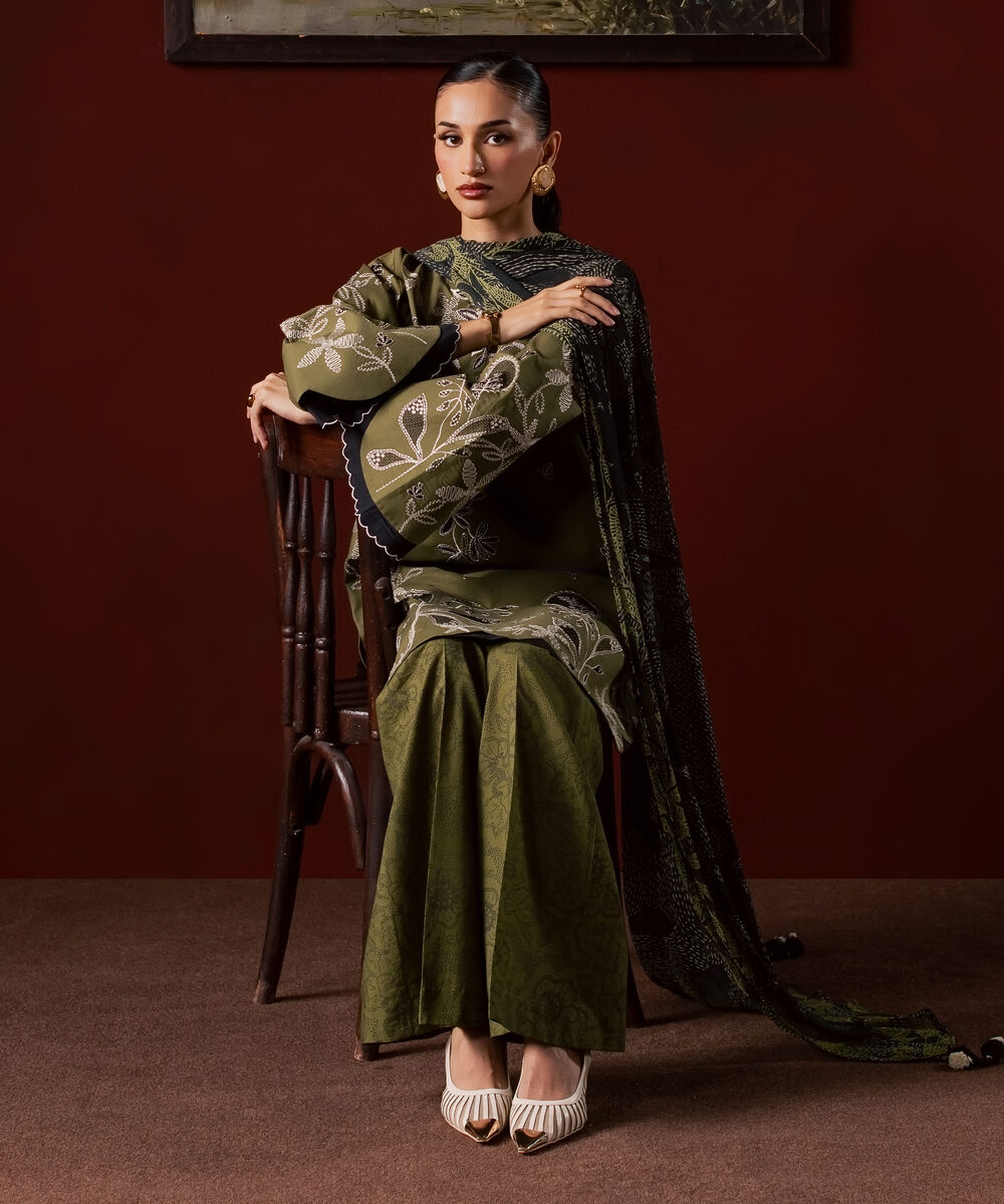 Women's Unstitched Textured Lawn Embroidered Green 3 Piece Suit