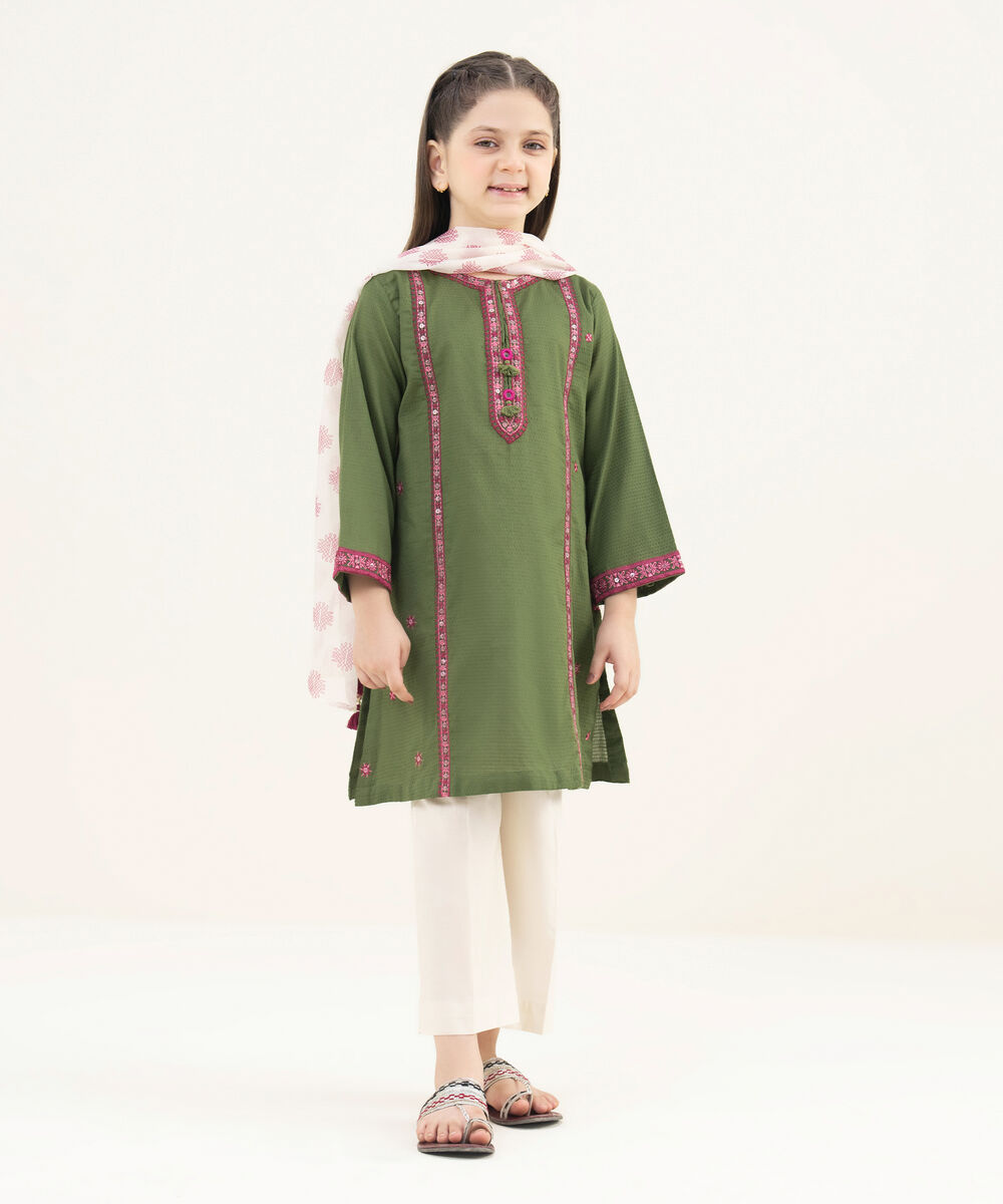 Girls Two Piece Embroidered Textured Lawn Shirt Dupatta