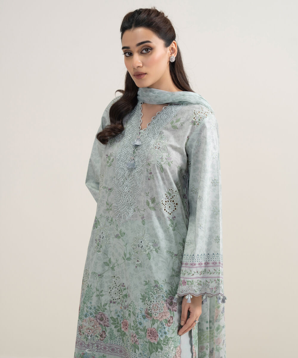 Women's Unstitched Fine Lawn Embroidered Grey 3 Piece Suit