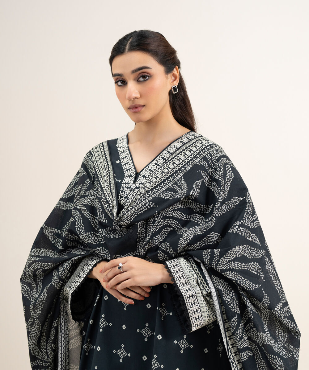 Women's Unstitched Lawn Embroidered Black and Off White 3 Piece Suit