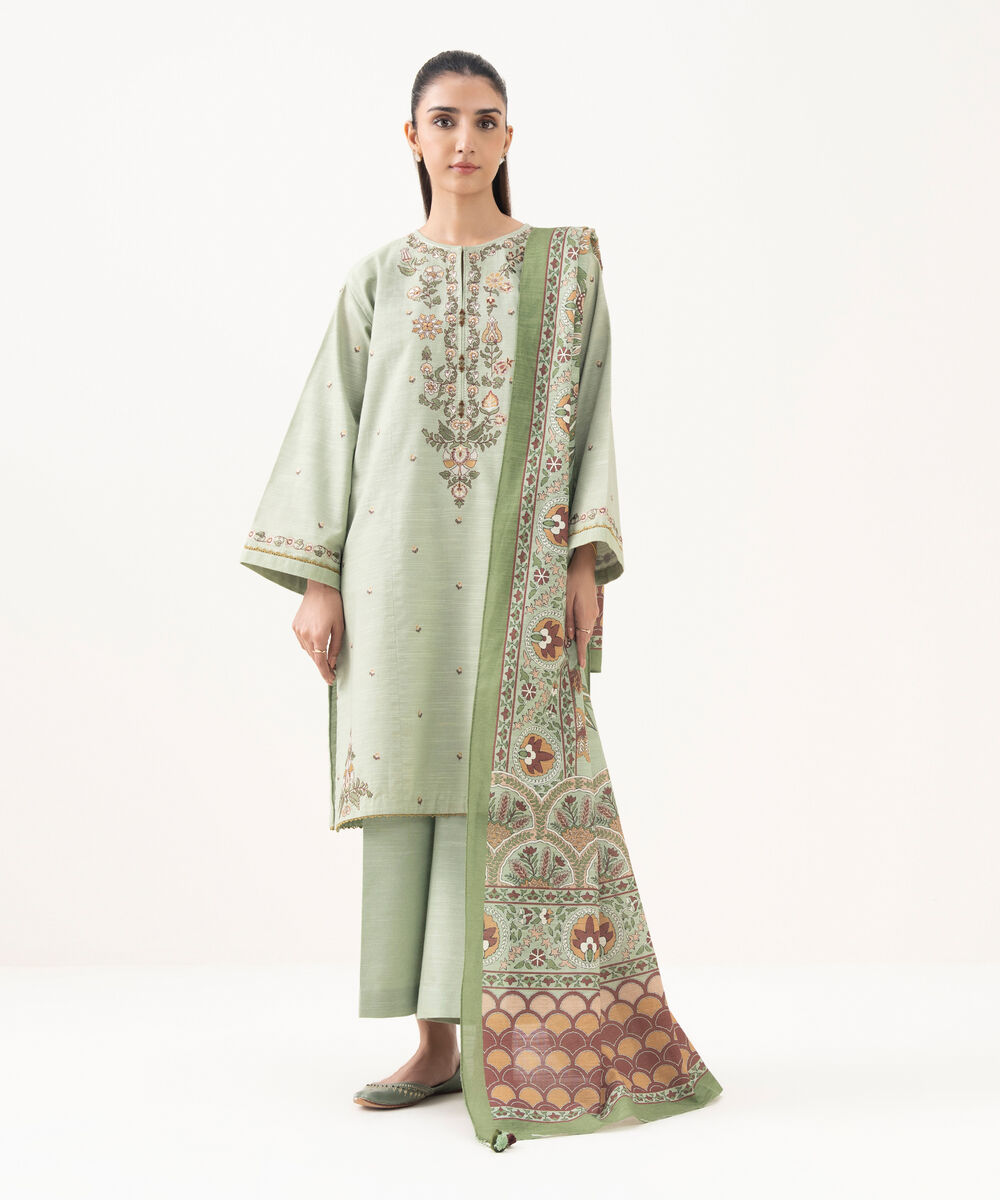 Women's Unstitched Khaddar Embroidered Green 3 Piece Suit