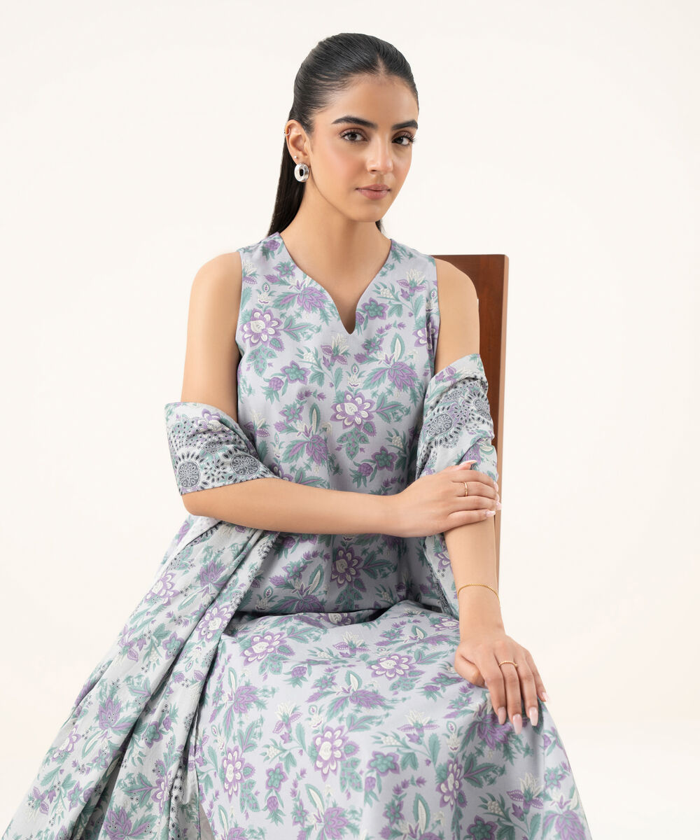 Women's Unstitched Cotton Printed Multi Three Piece Suit