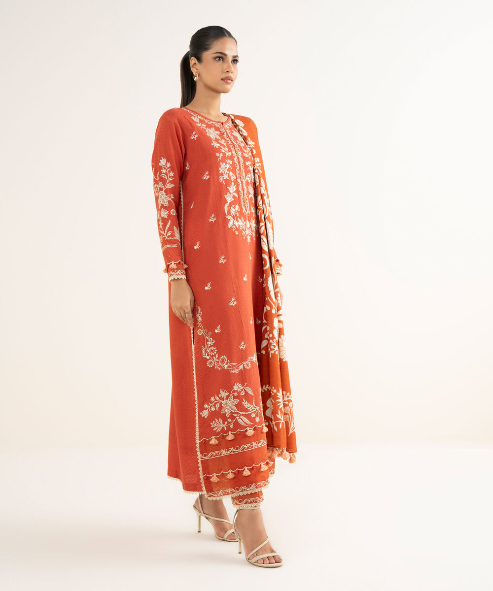 Women's Unstitched Dobby Embroidered Orange 3 Piece Suit