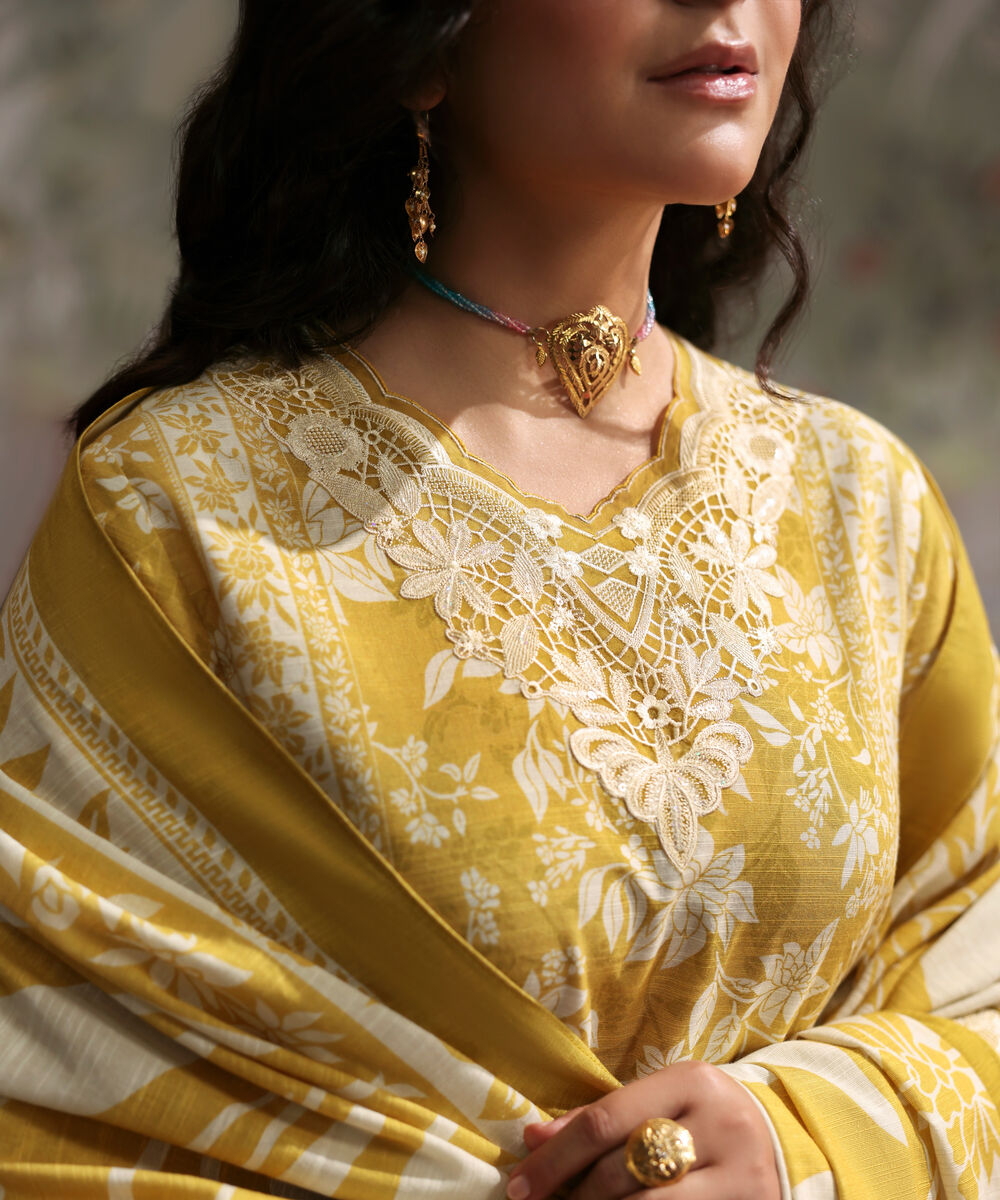 Women's Unstitched Light Khaddar Embroidered Yellow 3 Piece Suit