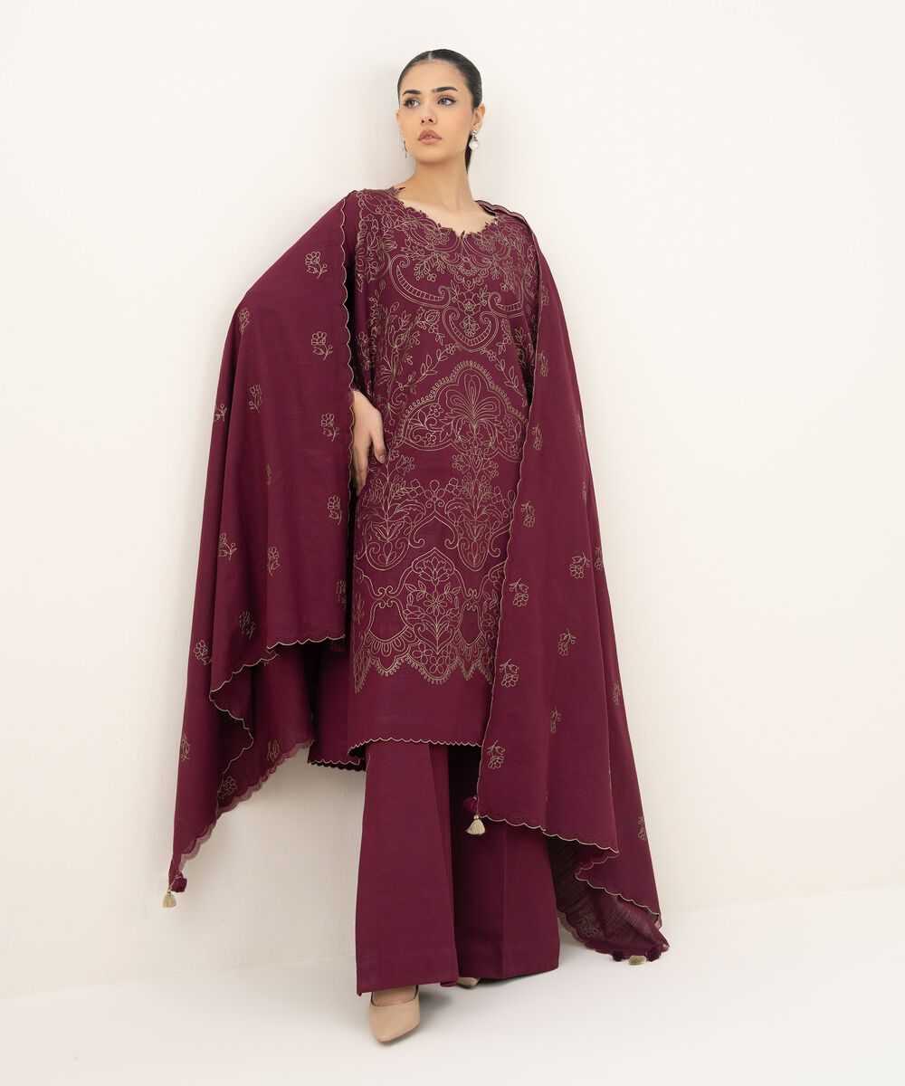 Women's Unstitched Embroidered Khaddar Plum 3 Piece Suit