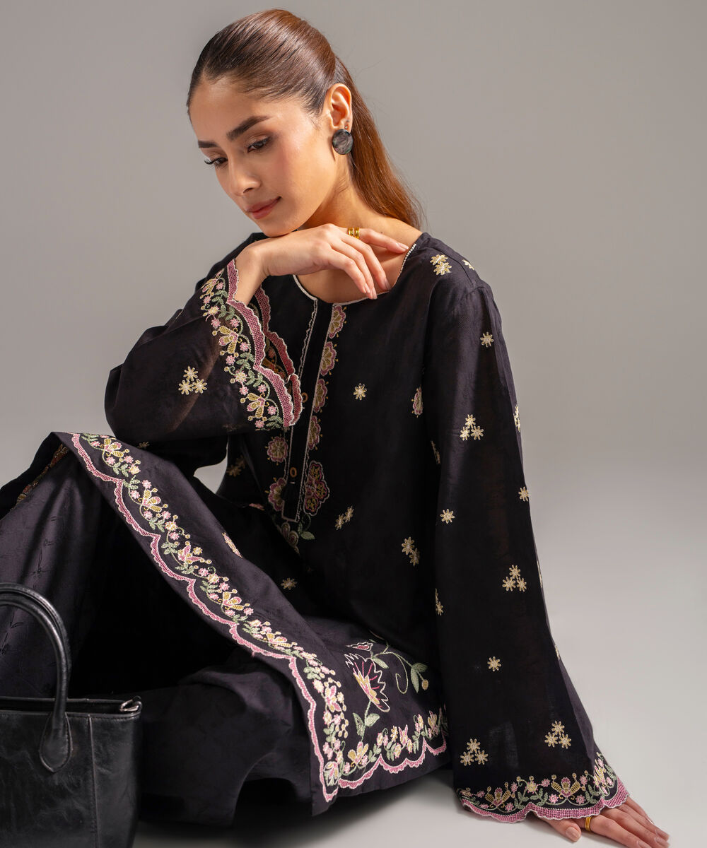 Women's RTW Self Jacquard Embroidered Black 2 Piece Suit