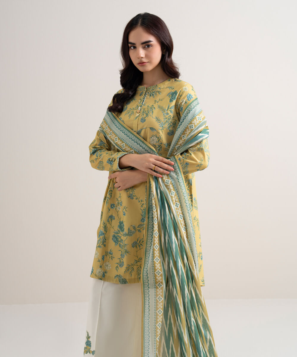 Women's Unstitched Lawn Printed Yellow 2 Piece Suit