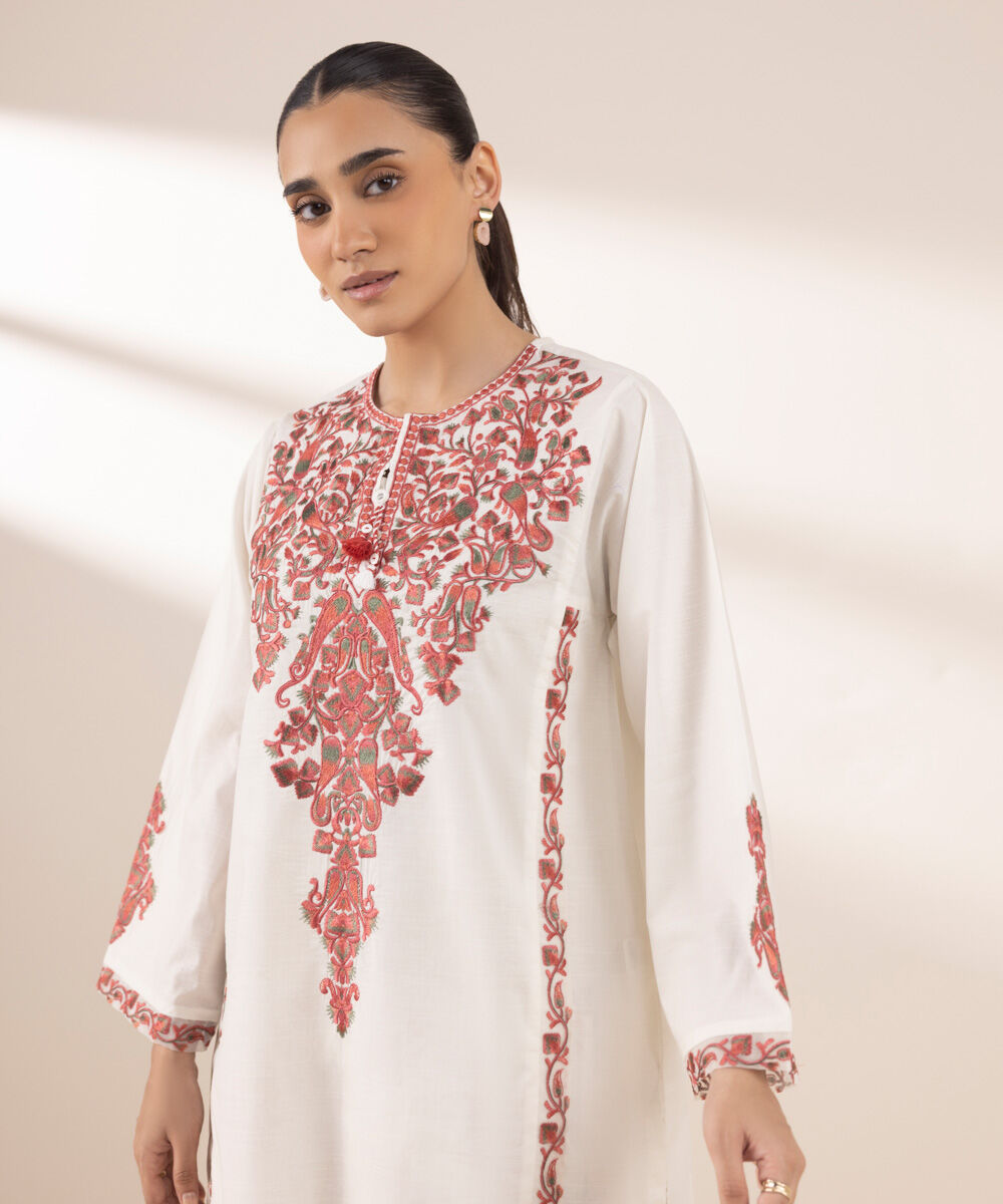 Women's RTW Textured Lawn White Embroidered Boxy Shirt