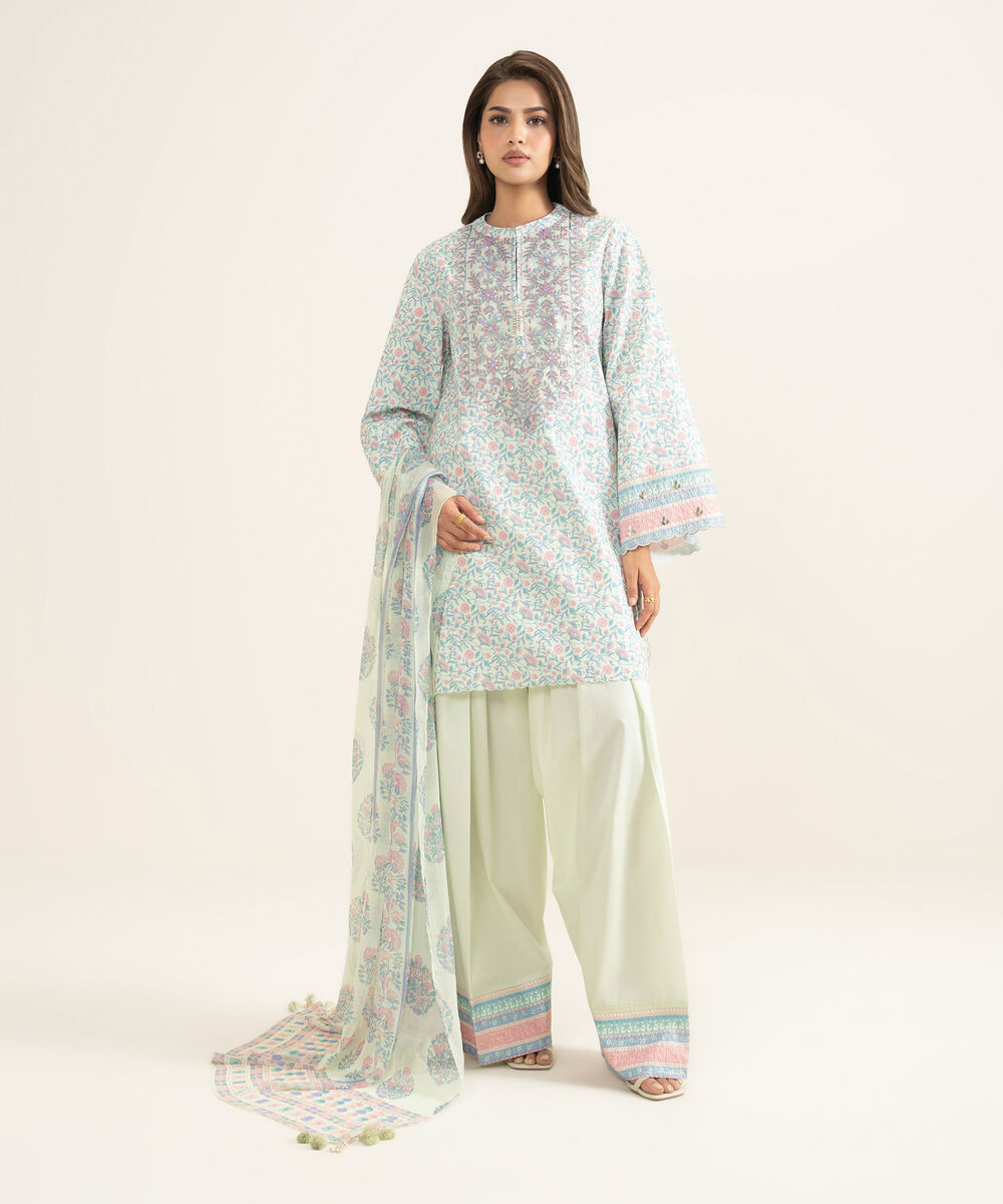 Women's Unstitched Lawn Embroidered Blue 3 Piece Suit