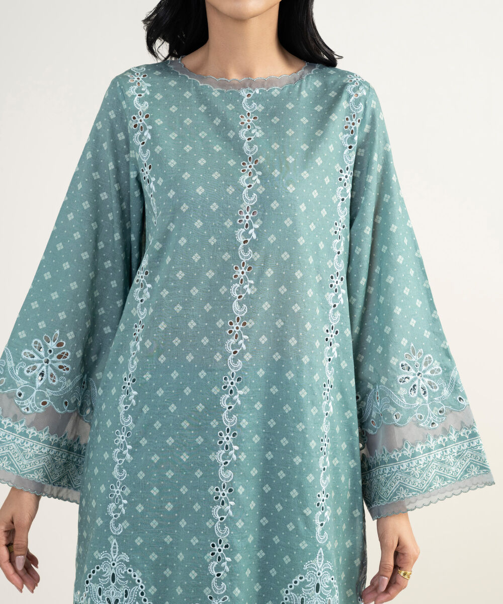 Women's Unstitched Cotton Jacquard Embroidered Green 3 Piece Suit