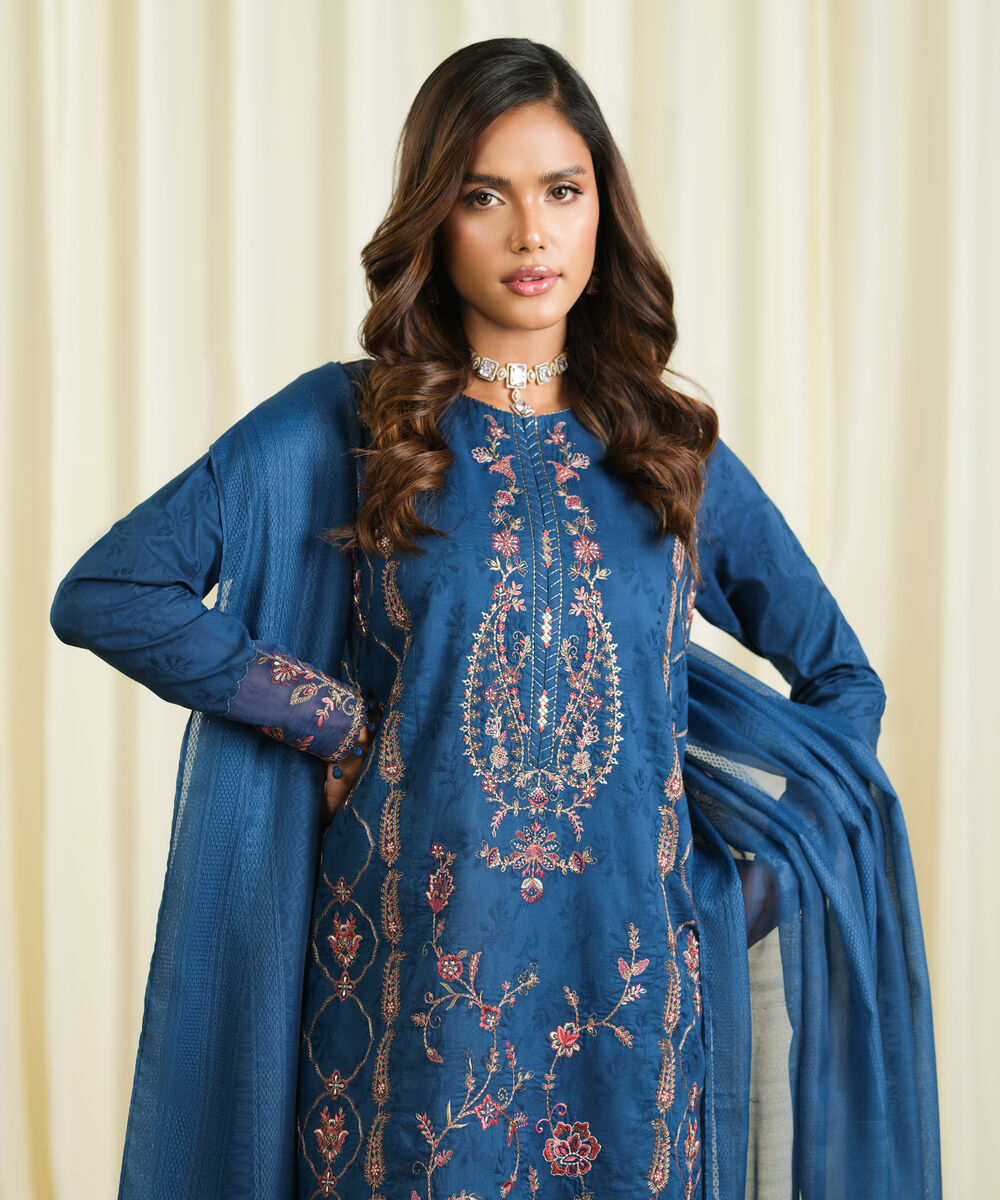 Women's Unstitched Cotton Jacquard Embroidered Blue 3 Piece Suit