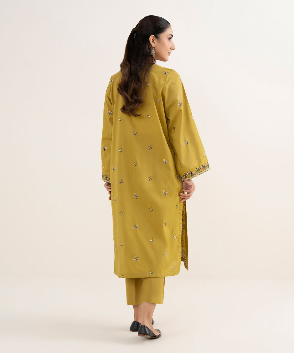 Women's RTW Self Jacquard Leno Embroidered Yellow A-Line Shirt