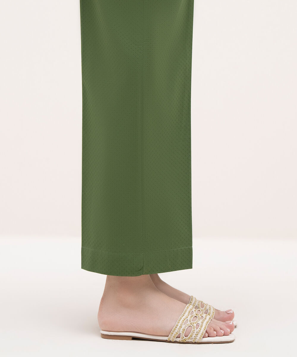 Women's RTW Textured Lawn Green Solid Straight Pants