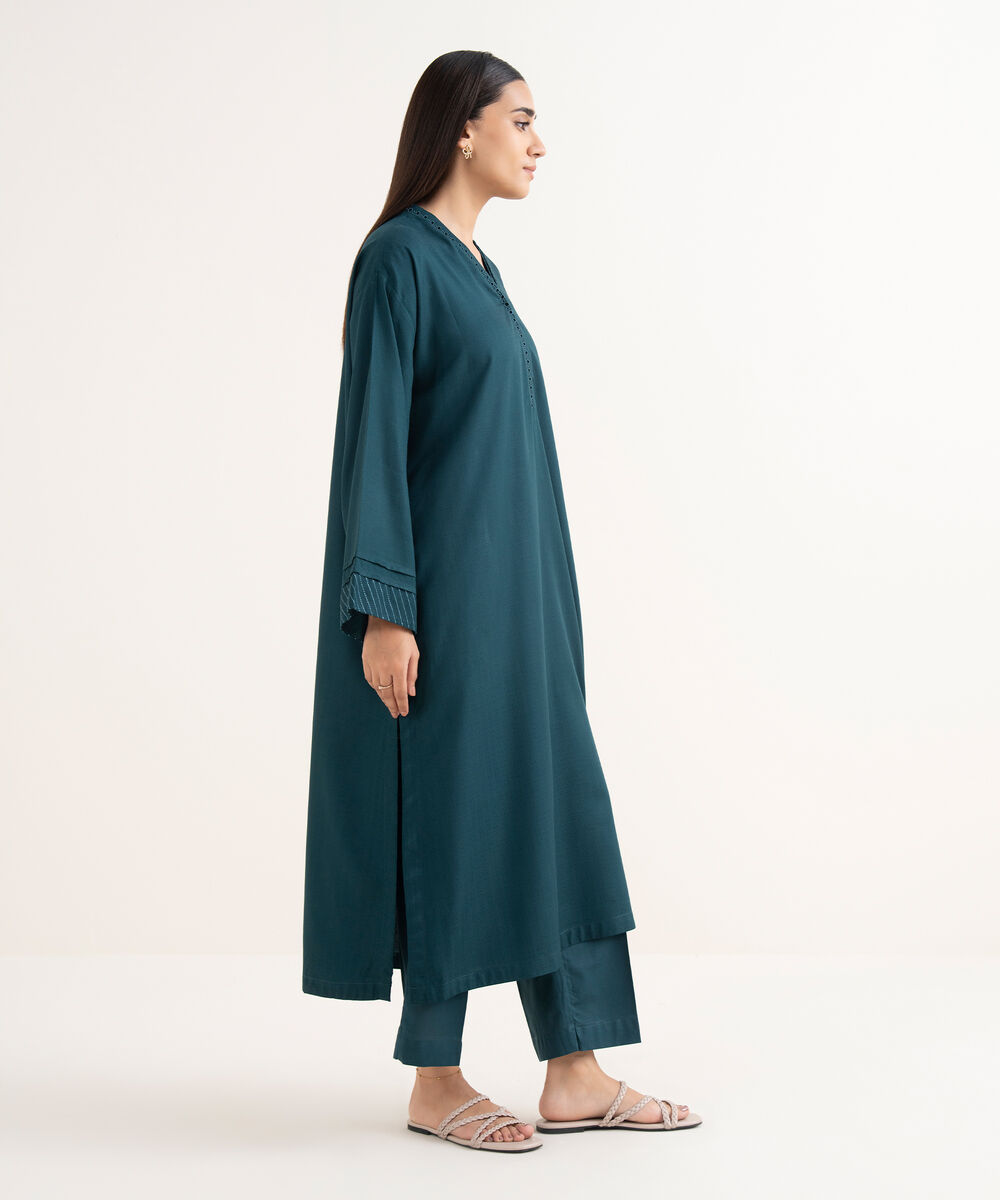 Women's RTW Textured Arabic Green Solid Drop Shoulder Shirt