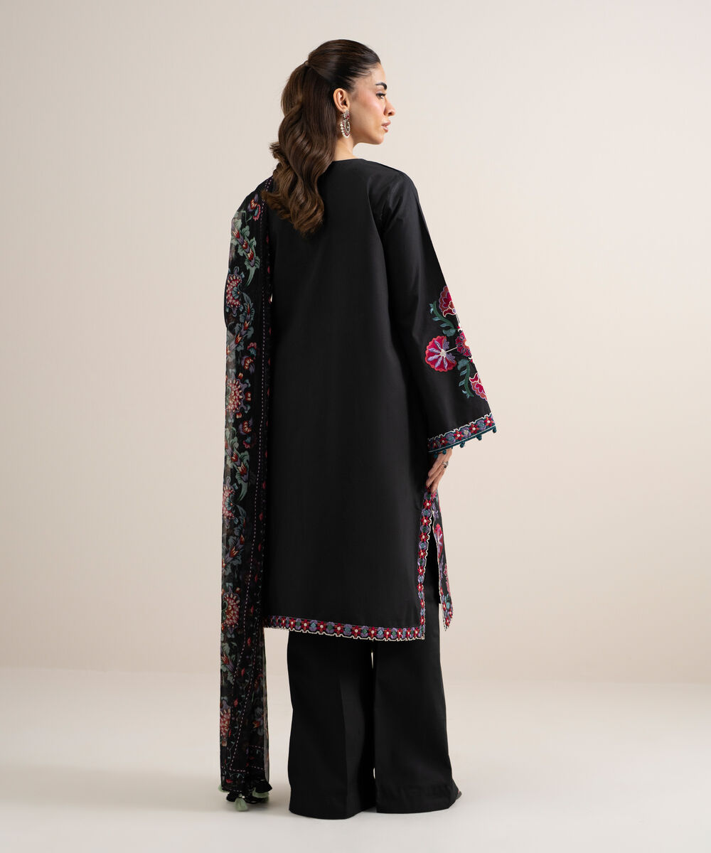 Women's Unstitched Dobby Embroidered Black 3 Piece Suit