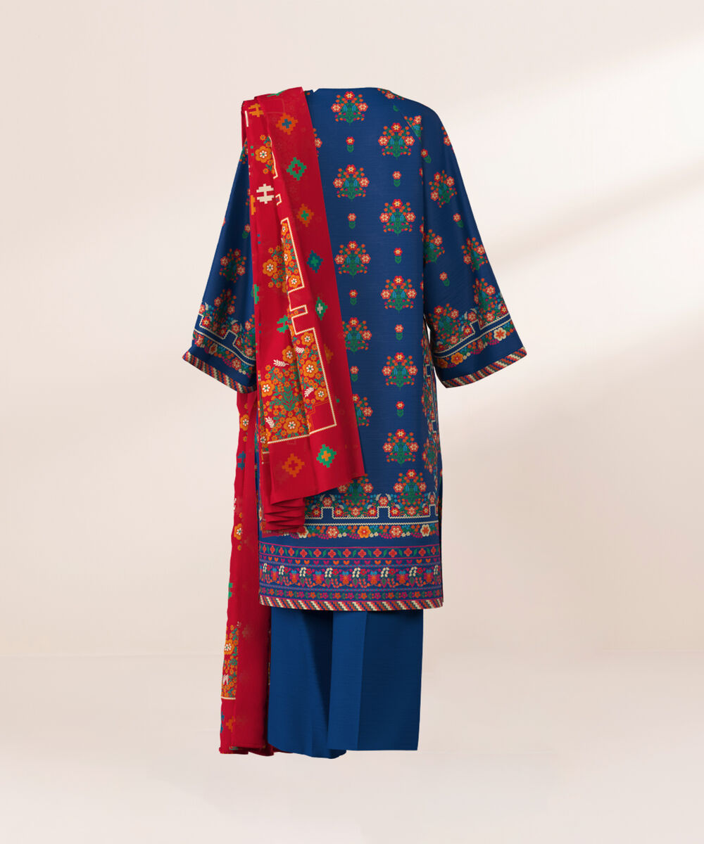 Women's Unstitched Khaddar Printed Blue  3 Piece Suit