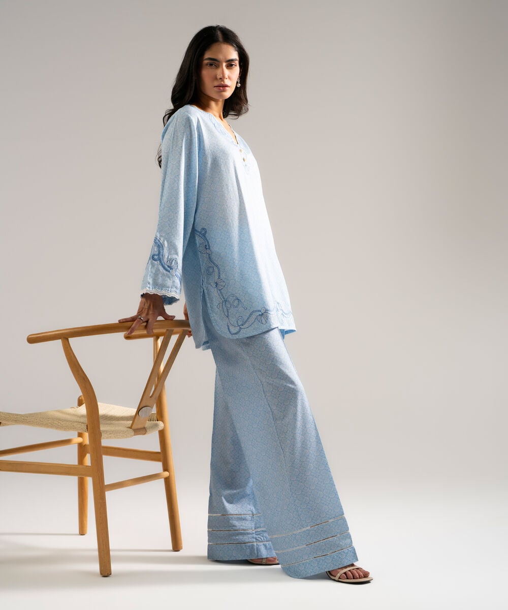 Women's RTW Dobby Embroidered Blue Straight Shirt