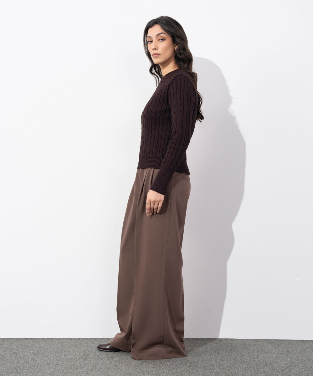 Women's Western Wear Brown Cable Knit Sweater