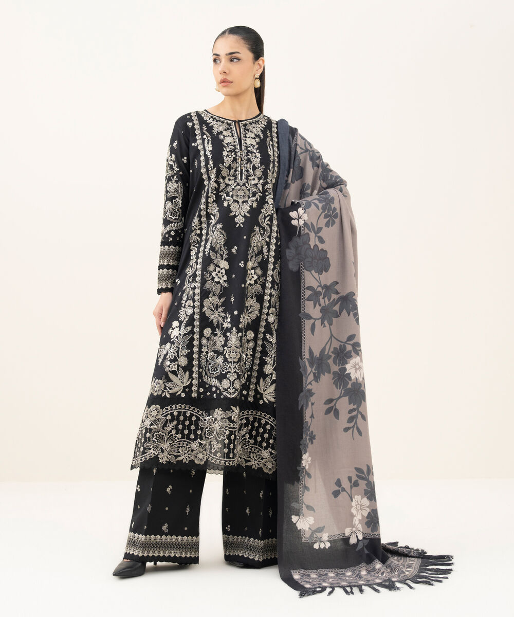 Women's Unstitched Embroidered Twill Black 3 Piece Suit