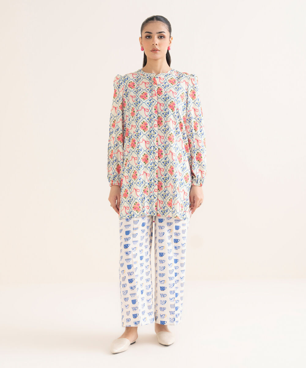 Women's RTW Linen Viscose Printed Off White Straight Shirt