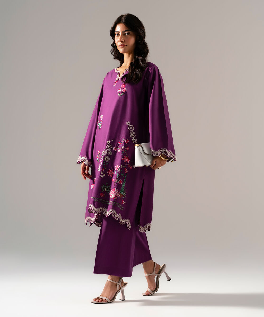 Women's RTW Solid Embroidered Purple Cotton Viscose Shirt