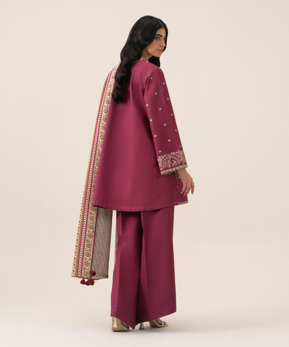 Women's Unstitched Basic Khaddar Embroidered Pink 3 Piece Suit