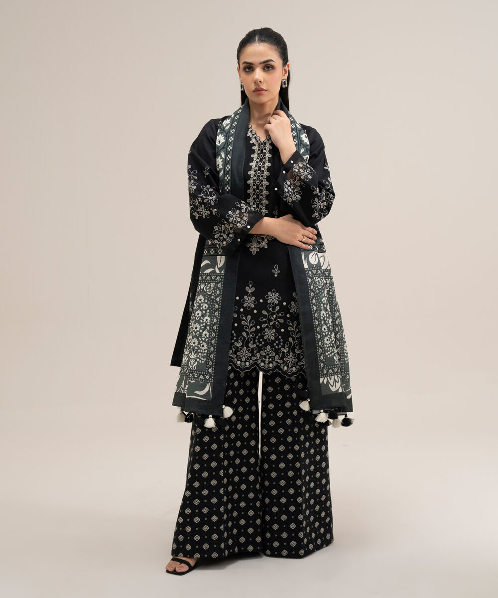 Women's Unstitched Basic Khaddar Embroidered Black 3 Piece Suit