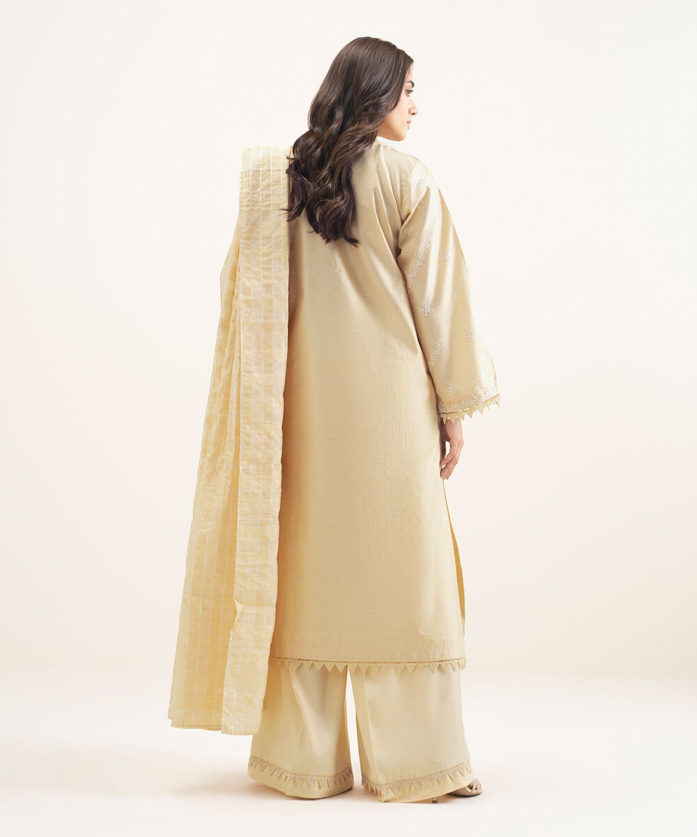 Women's RTW Silk Cotton Net Embroidered Pale Yellow 3 Piece Suit