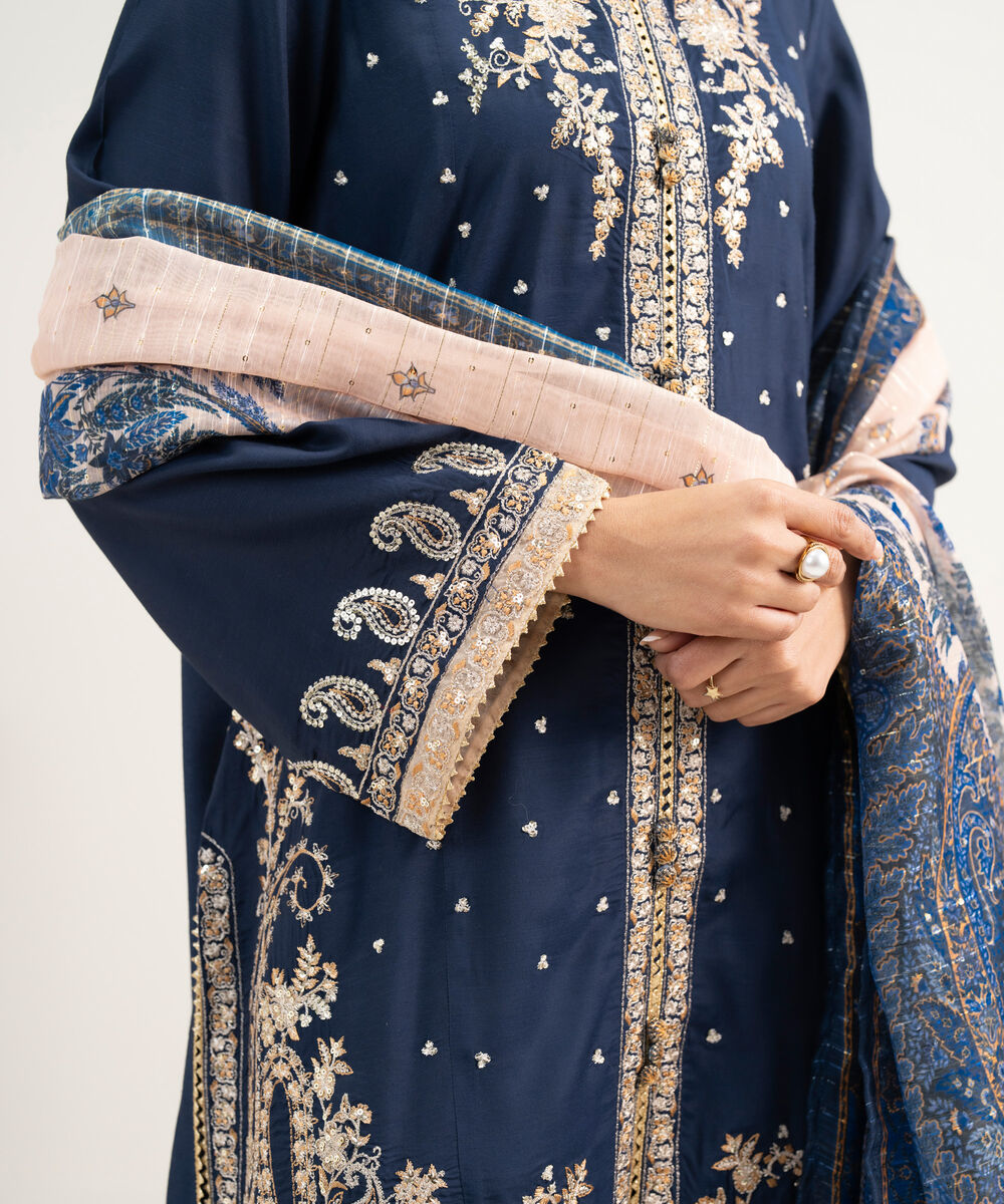 Women's RTW Viscose Raw Silk Embroidered Dark Blue 3 Piece Suit